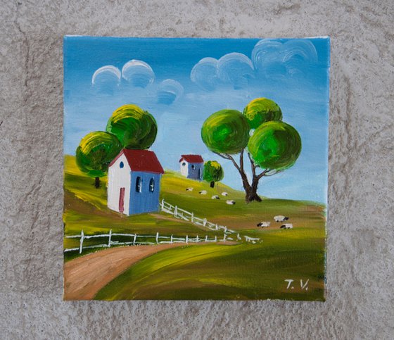 Naive country landscape. Miniature 6 x 6in.