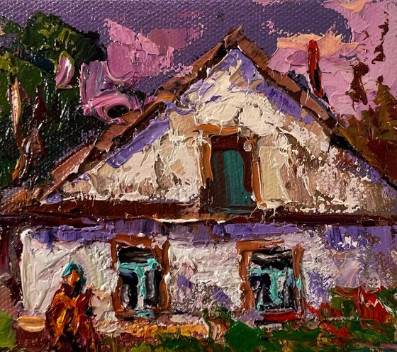 Pink sunset over the village