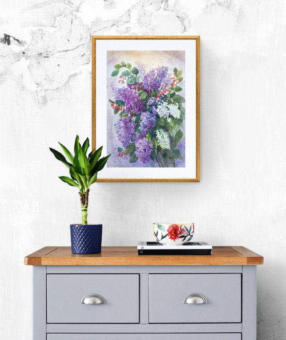 Lilac bouquet. Summer flowers painting