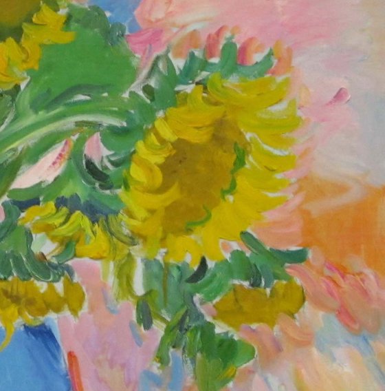 Sunflowers in a Blue Jug - Still Life - Large Size - Oil Painting - Living Room Decor - Wedding Gift