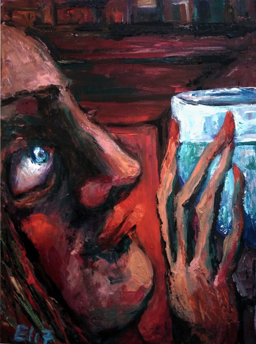 Expressive Portrait Acrylic Painting By Elisheva Nesis, 12 X 16, Glass Of Clear Water, Original Artwork