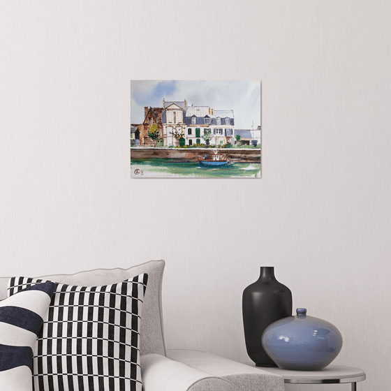 Low water in Deauville. Original watercolor small size impressionism travel france normandy sea seaside landscape interior decor