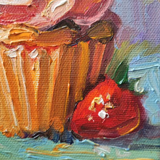 Strawberry Cupcake. Oil Painting.