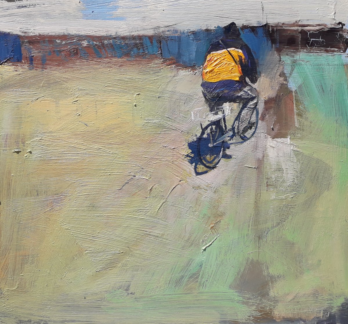 Photorealistic Portrait Oil Painting By Robert Kormos, 13 X 12", Yellow Cyclist Man, Original Artwork