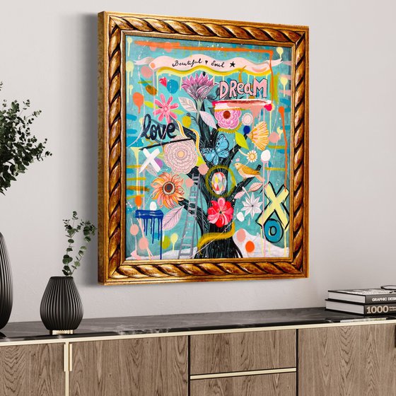 Love your Dreams, with vintage frame (84x74 cm) ready to hang