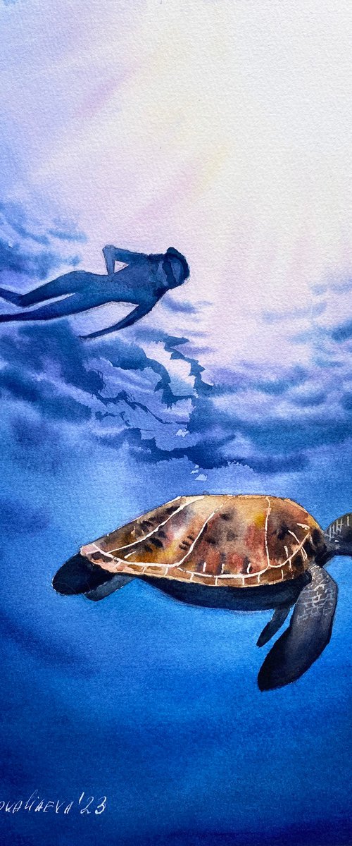 A sudden meeting original wall art, animal painting, sea wall decor, blue ocean by Irina Povaliaeva