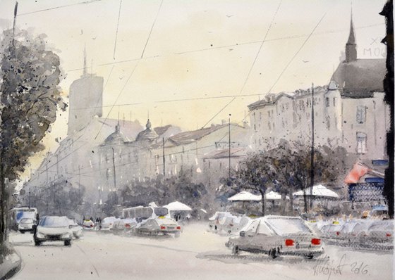Terazije traffic - original watercolor painting