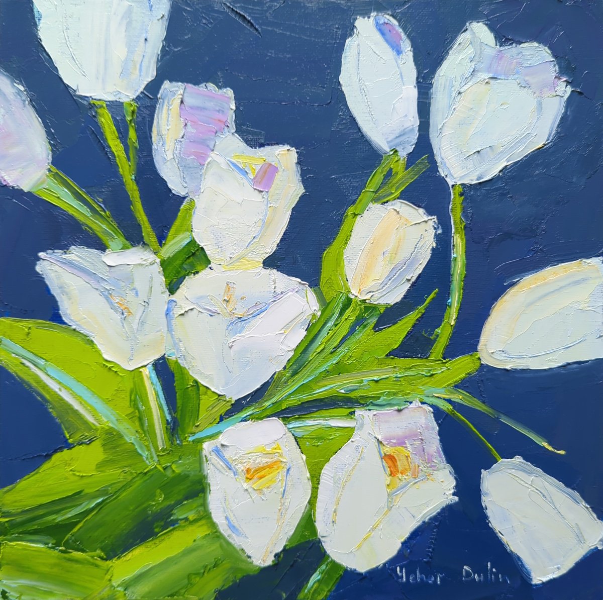 Expressive Botanical Oil Painting By Yehor Dulin, 12 X 12", " Tulips", Original Artwork