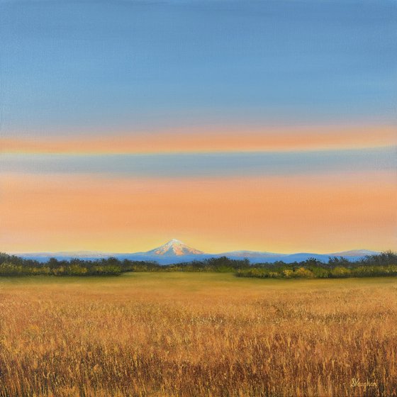 Distant Mountain - Blue Sky Golden Field Landscape