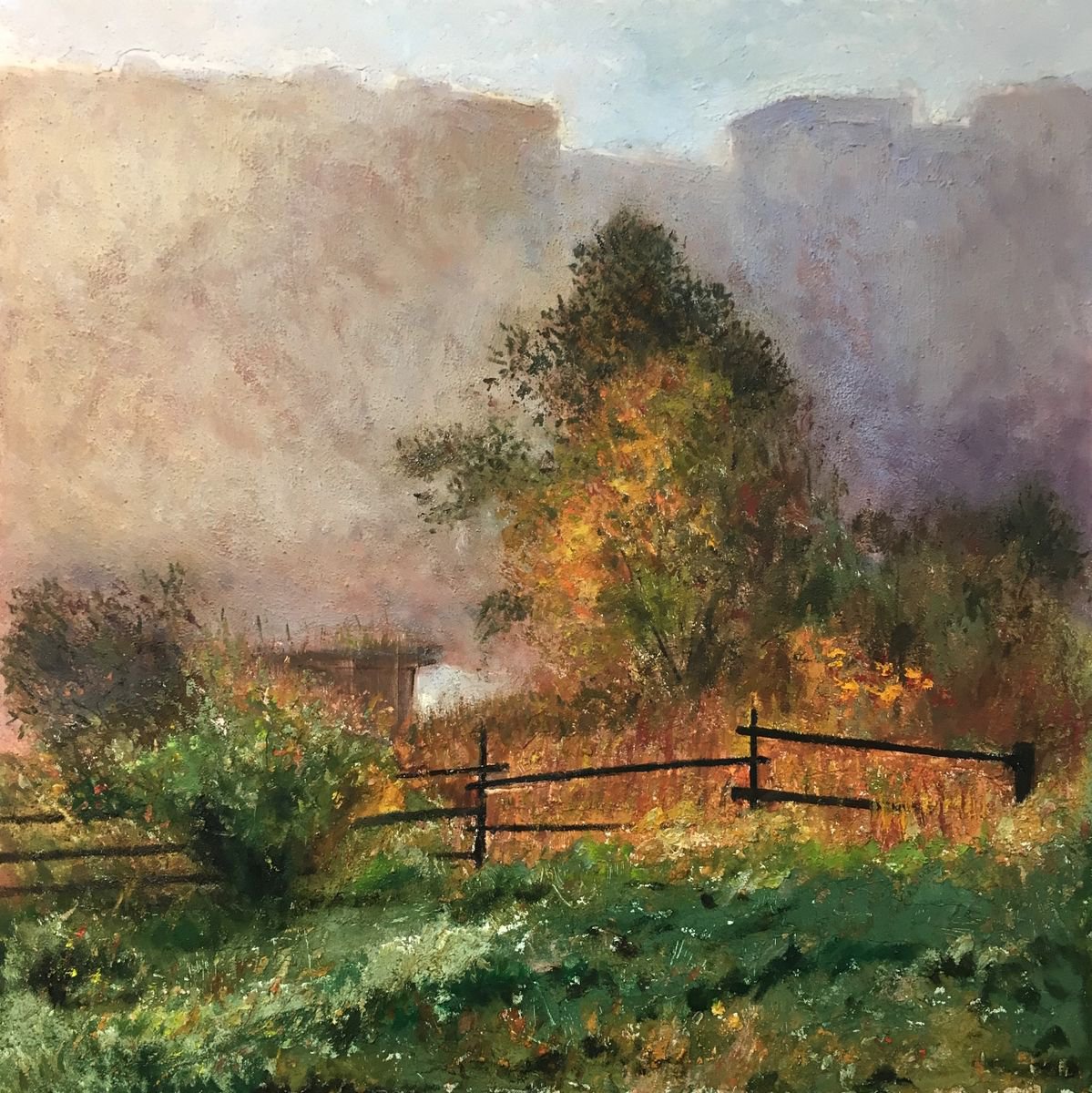 Impressionistic Landscape Painting By Leo Khomich, 32 X 32", Foggy Paris, Original Artwork