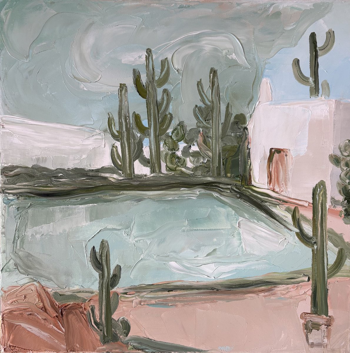 Naive Oil Painting , Mallorca Swim Pool Cactus Garden House By Daniela Nocito, 16 X 16, Artwork For Sale On Artfinder