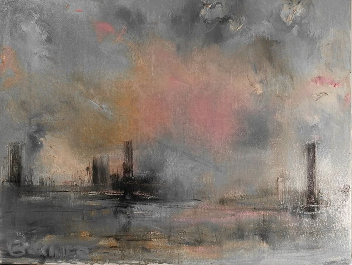 Expressive Landscape Oil Painting By Leo Baxiner, 18 X 14", City Of Steel, Coal And Sea, Original Artwork