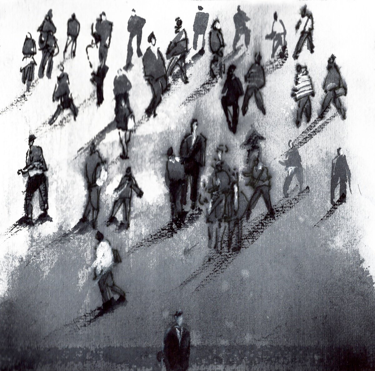 Photorealistic Portrait Acrylic Painting By Bogdan Shiptenko, 9 X 9, Crowd Flow, Original Artwork