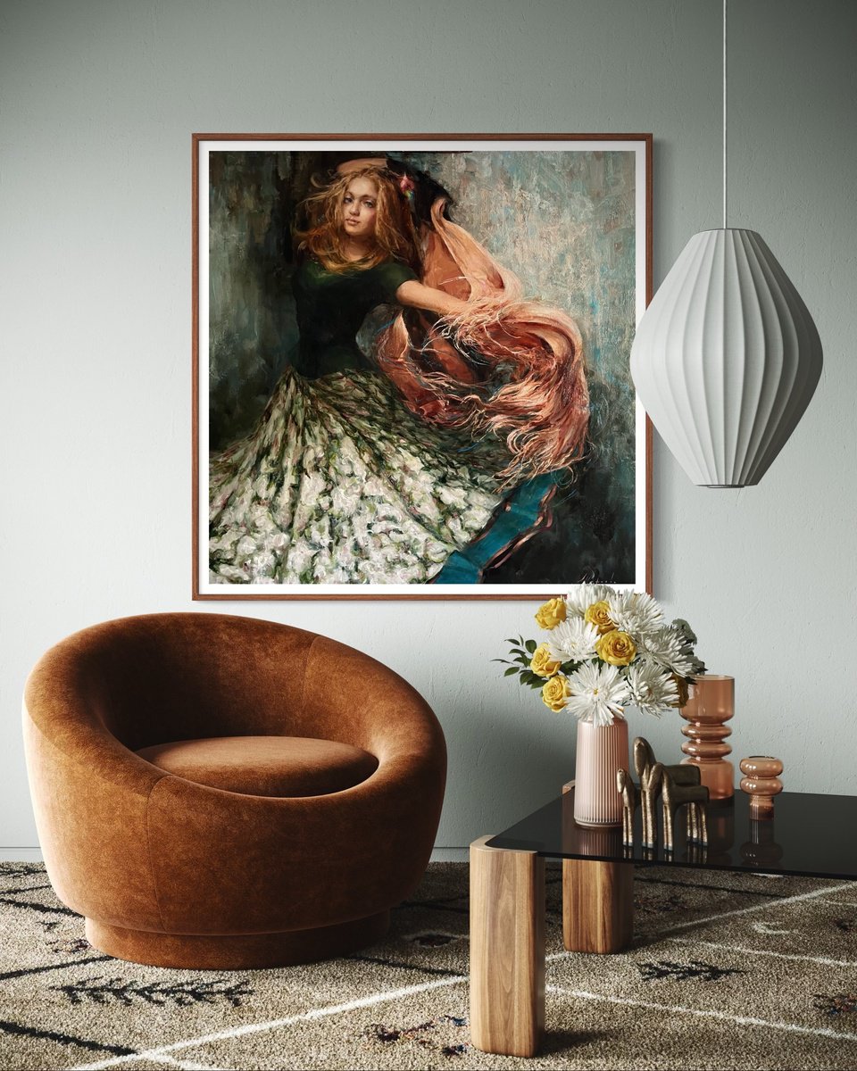 Impressionistic Portrait Oil Painting By Elena Mashajeva-Agraphiotis, 48 X 48, Dancing With A Shawl, Original Artwork