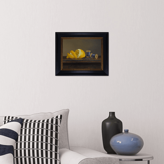 Still life with lemons and cotton bobbins (24x31 cm, oil on panel, 32x39cm framed)