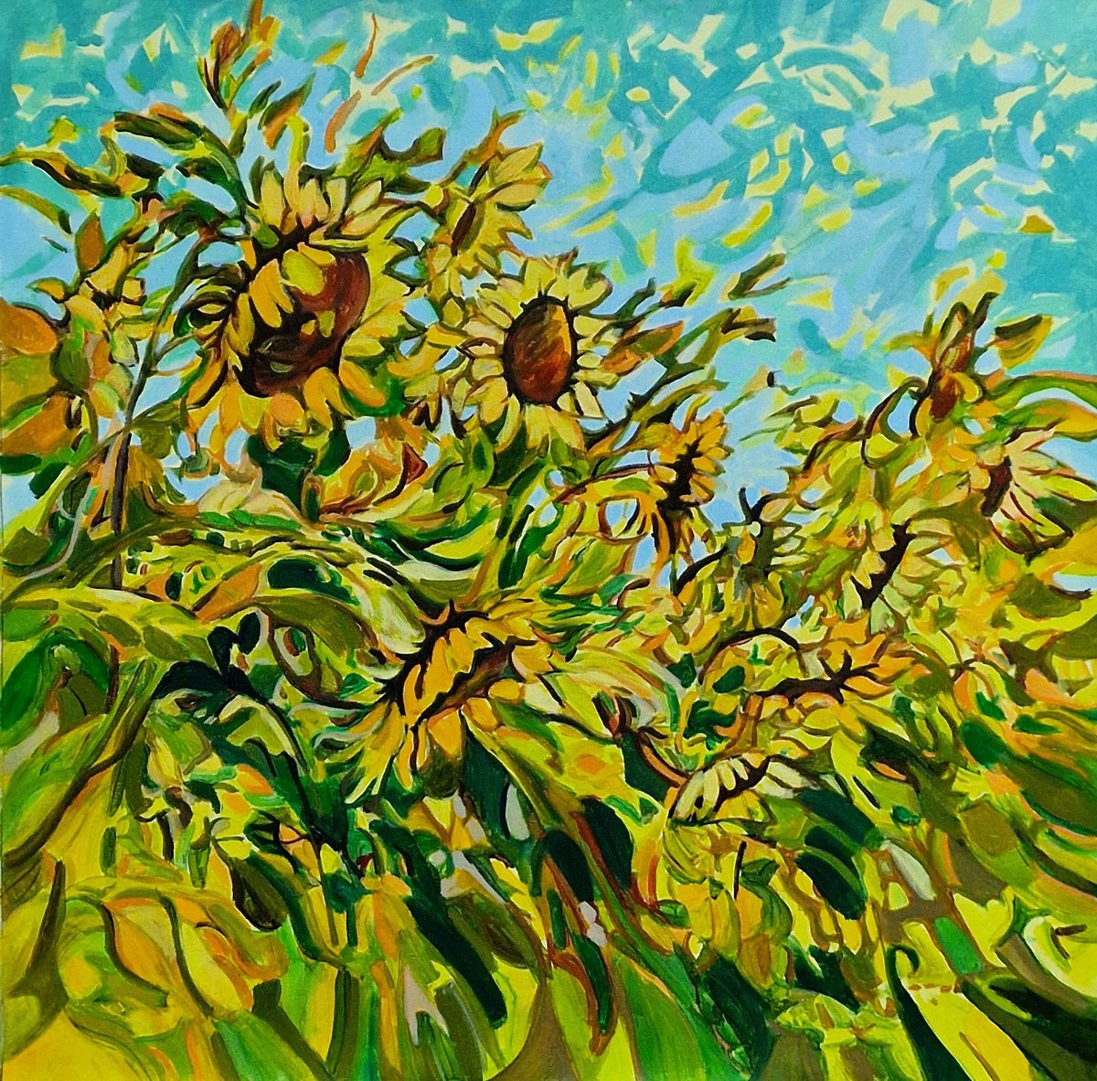 Impressionistic Botanical Acrylic Painting By Alexandra Djokic, 31 X 31, Sunflowers, Original Artwork