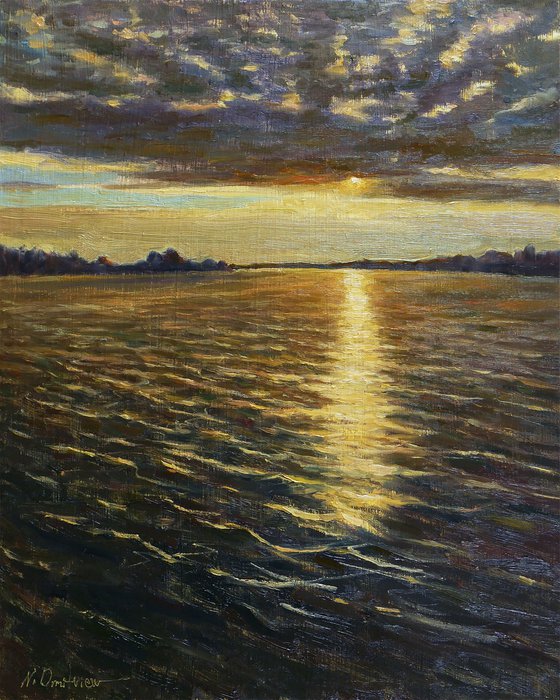 Sunset over the river - sunny landscape painting