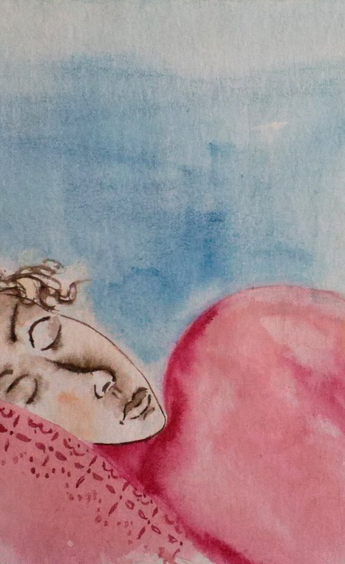 Girl and cat original watercolor painting" My morning. 5 o'clock" by Halyna Kirichenko