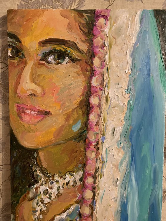 GIRL WITH BEADS- female portrait, face, love, original oil painting, light blue rose, Valentine 70x40
