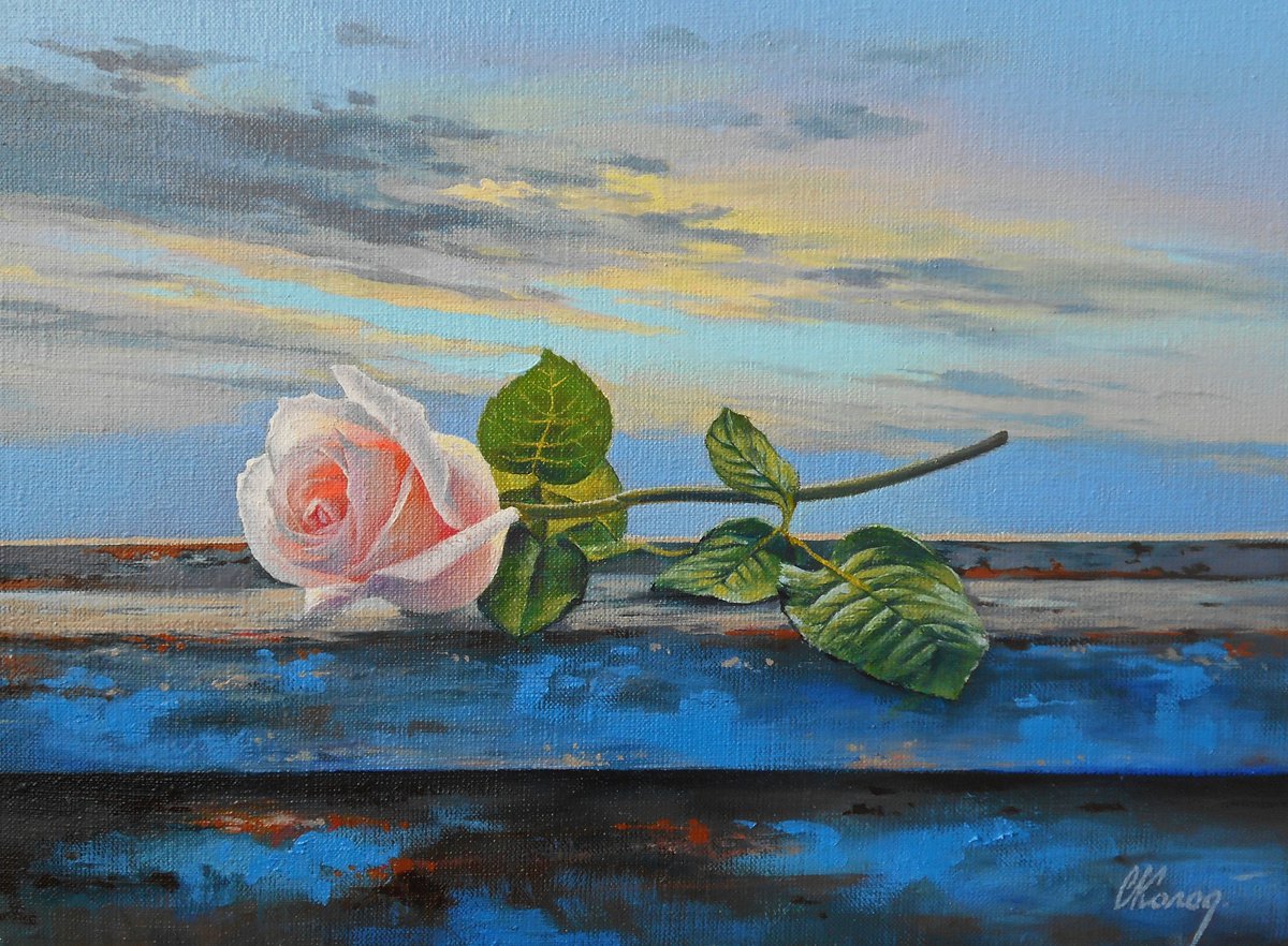 Rose on the Window/40x30cm/Original oil on canvas/Free Shipping by Kolodyazhniy Sergey
