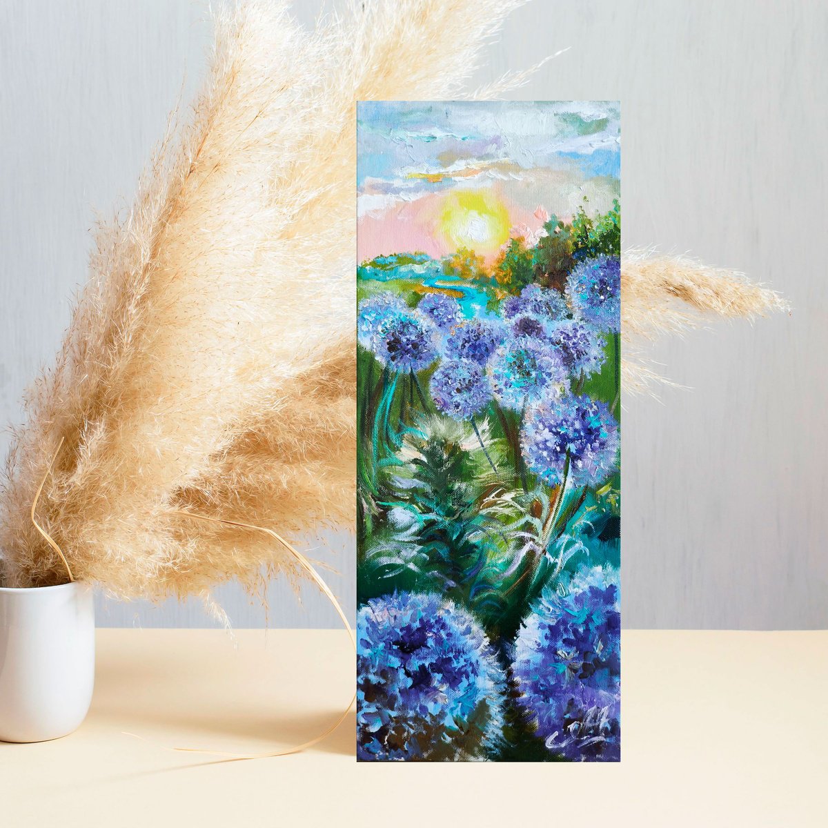 Impressionistic Botanical Painting By Annet Loginova, 8 X 20, Blooming Onion Oil Art, Original Artwork