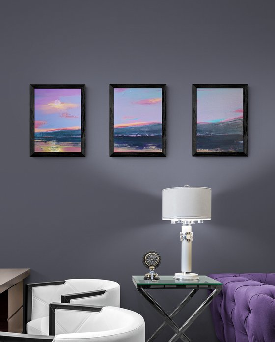 Bright landscape - "Violet mountain" - Seascape - Triptych - Minimalism - Sunset