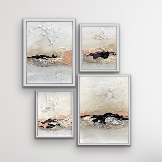 Poetic Landscape - Peach , White, Black - Composition 4 paintings framed - Wall Art Ready to hang
