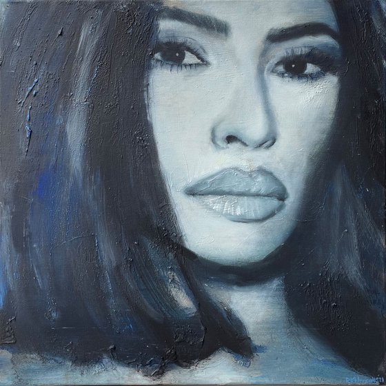 Kim kardashian | Beautiful model woman face portrait painted in oil on canvas framed painting grunge romantic black and white