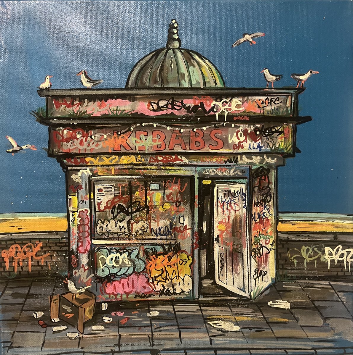 Illustrative Cityscapes Painting By John Curtis, 12 X 12, Kebabs, Original Artwork