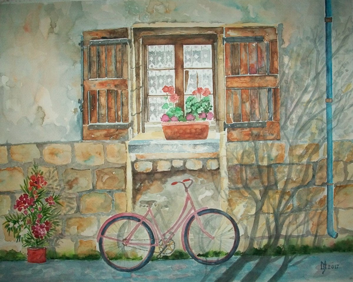 Impressionistic Cityscapes Watercolour By Zoran Mihajlovic Muza, 16 X 13", Old Bicycle, Original Artwork