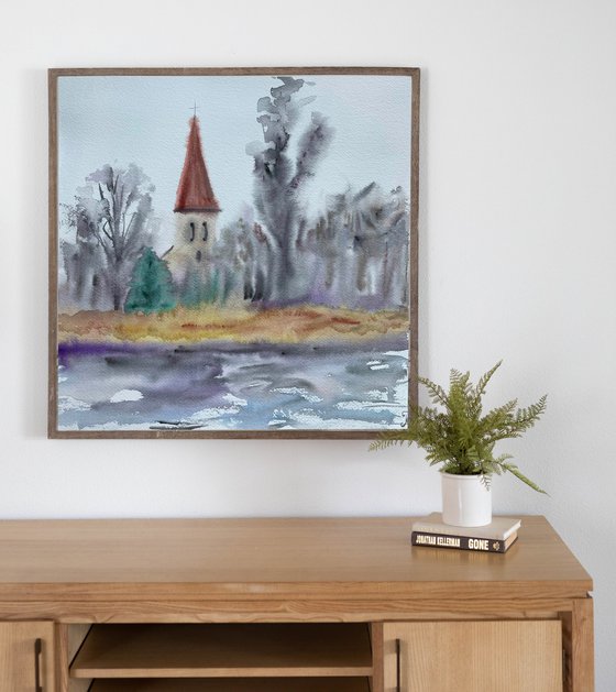 Fall Watercolor Painting, Church in Forest Original Art, Rainy Wall Art, Slovak Artwork