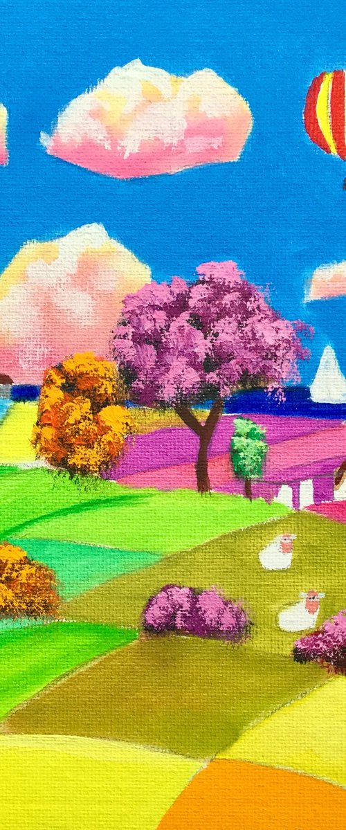 Sheep and a balloon folk art painting by Gordon Bruce