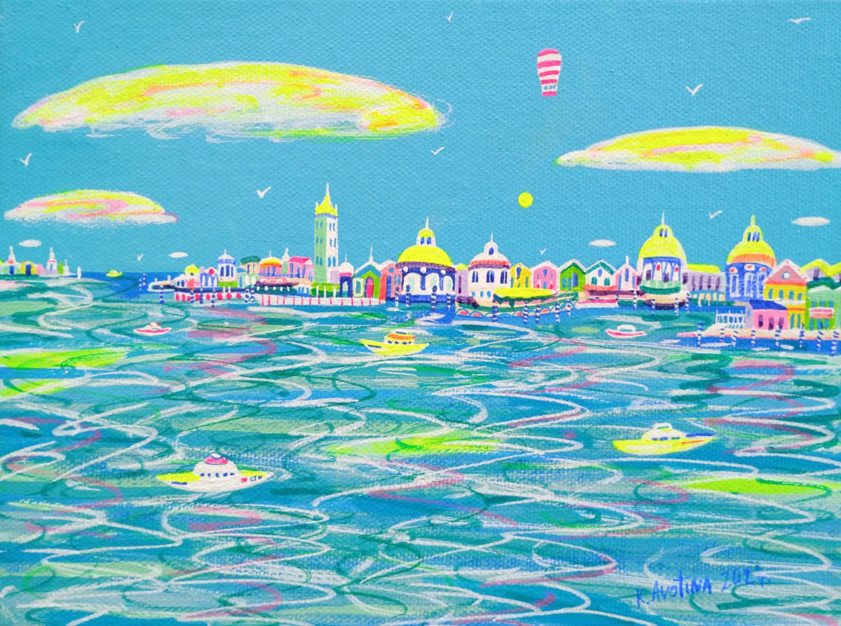 Impressionistic Landscape Acrylic Painting By Katrina Avotina, 9 X 7", The Waves Of Happiness, Original Artwork