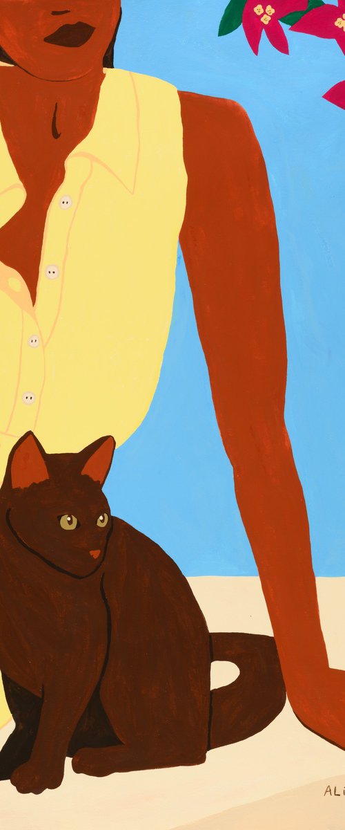 Girl, cat and bougainvillea by Alícia Gómez