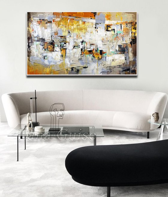 Most of All - Extra Large Oversize Abstract Painting 71" x 40" , Gray Yellow Gold Leaf Soft Colors White Gray Painting