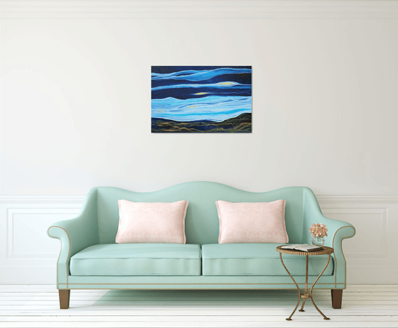 Large Abstract Seascape Painting. Ocean Waves. Blue and Gold Abstract Landscape Painting