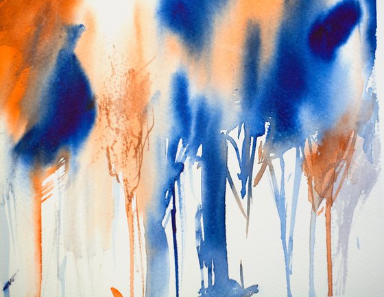 Abstract forest view. Small natural landscape watercolor, blue and orange