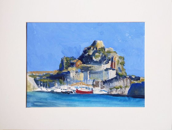 Old Venetian Fortress of Corfu island - Corfu island - original watercolor painting - seascape painting - waves