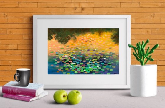 Water lily pond at sunset! Painting on paper