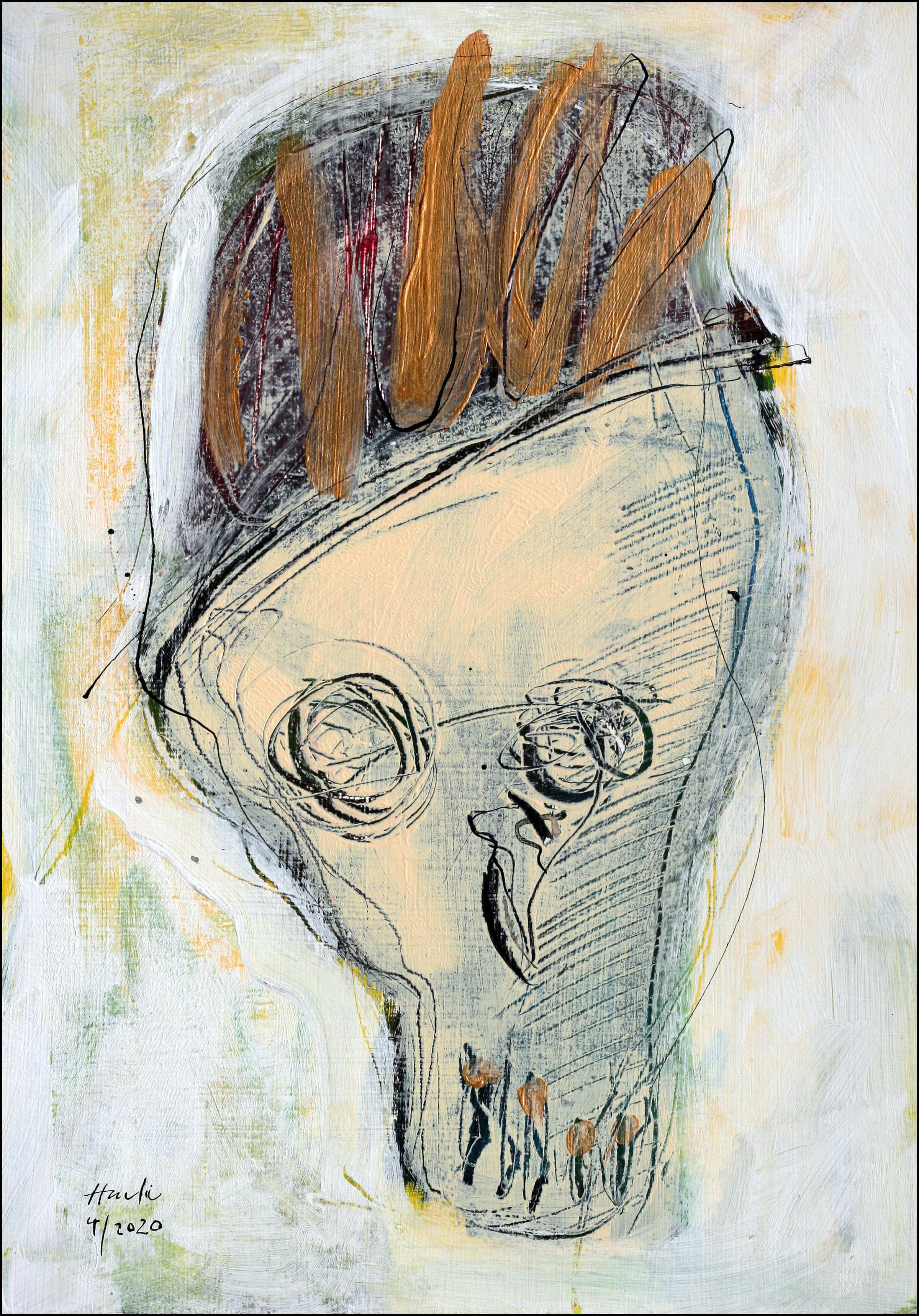 Abstract Acrylic Painting By Jiri Havlik, 14 X 20, Skull, Original Artwork