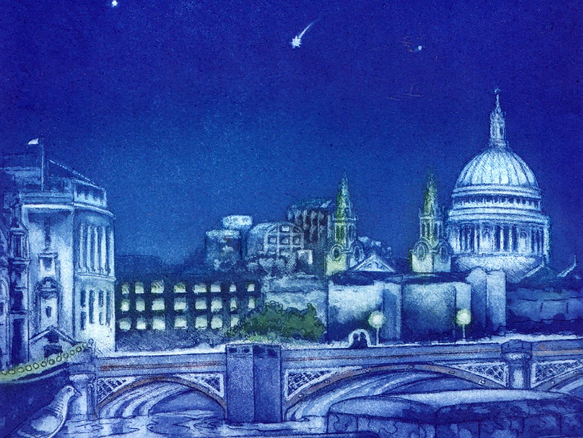 Illustrative Cityscapes Etchings & Engravings By Theresa Pateman, 11 X 14", Starry Night, Thameside, Original Artwork