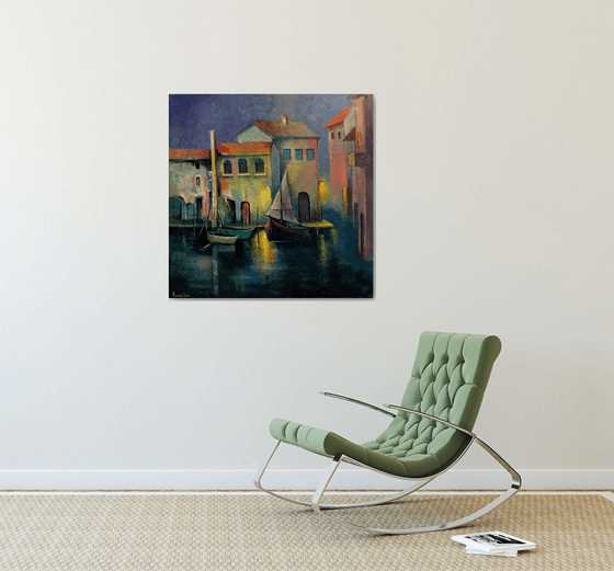 " Venice " Boats - 80 x 80cm Original Oil Painting