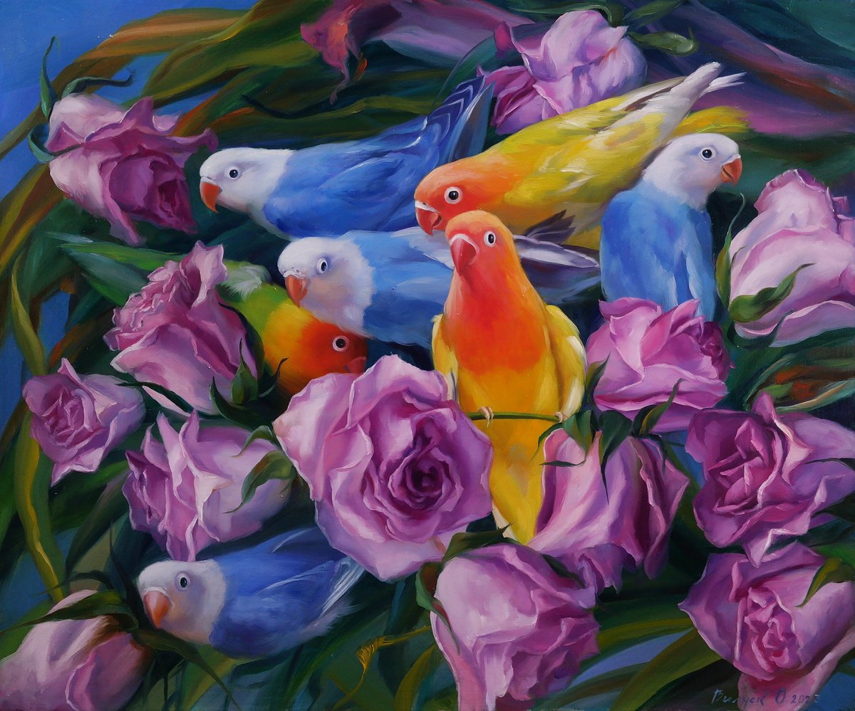 Photorealistic Animal Oil Painting By Lena Vylusk, 24 X 20", "Roses And Parrots", Original Artwork