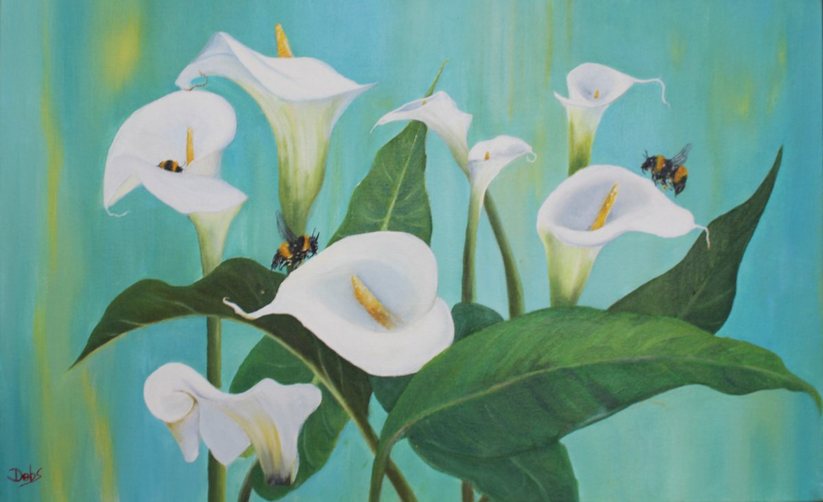Photorealistic Botanical Oil Painting By Debbie Young, 26 X 16, Calla Lily And Bees, Original Artwork