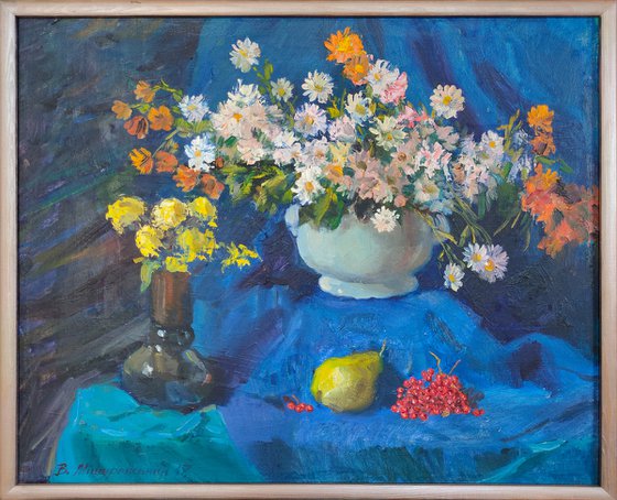 Chrysanthemums on a blue background