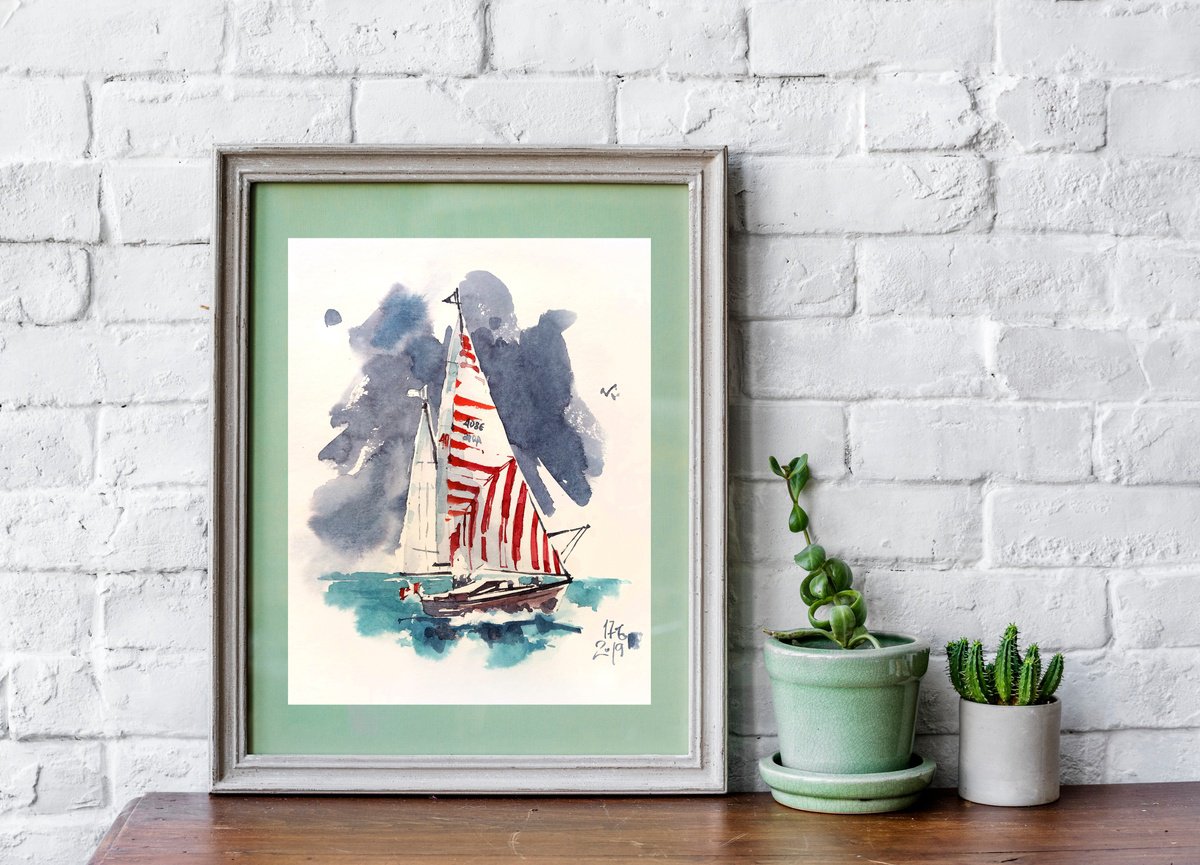 Watercolor sketch Yacht with striped sails - series Artist’s Diary by Ksenia Selianko