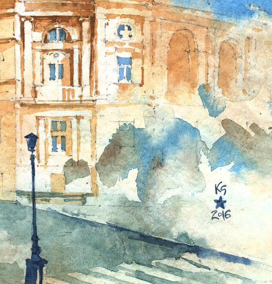 Architectural landscape "Opera theater in Odessa, Ukraine" - Original watercolor painting