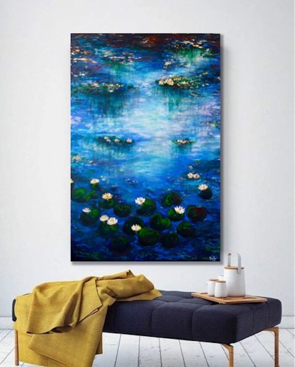 47.5x31.5 (120x80cm), Water lily paradise, Original Impressionistic Painting, Blue, Yell... by Elena Parau