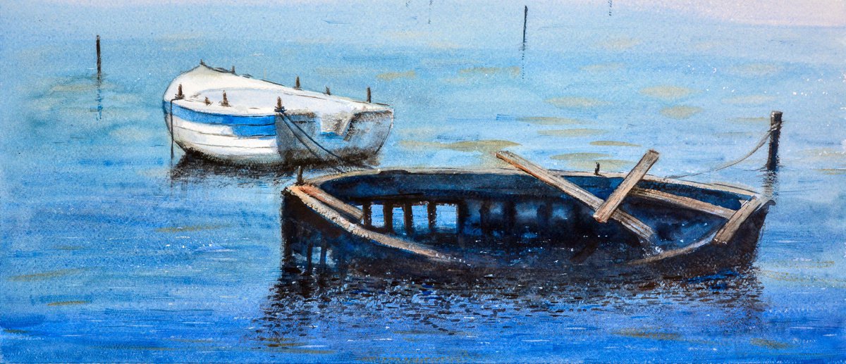 Boats of Corfu island Kerkyra Greece 23x54cm 2022 by Nenad Kojic watercolorist