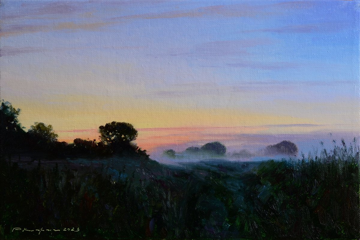 Impressionistic Landscape Oil Painting By Ruslan Kiprych, 12 X 8", Morning. Fog Creeps, Original Artwork